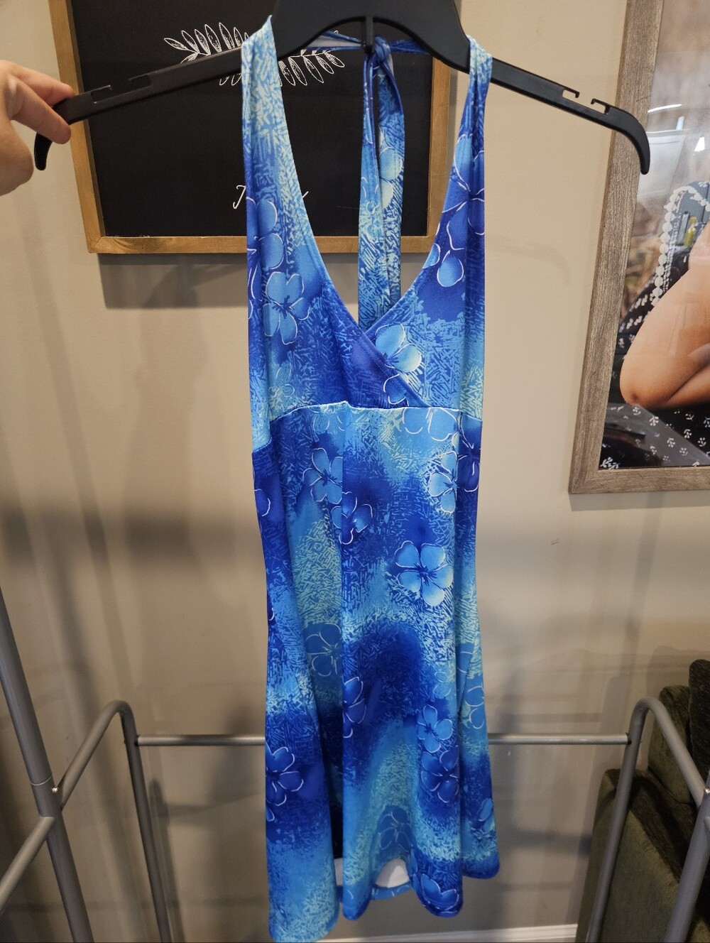 Vintage Y2K Pulse Blue Floral Hawaiian Cover-Up Halter Size Large Made In USA